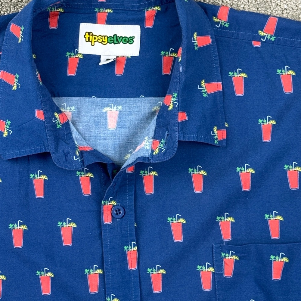 Tipsy Elves Shirt Mens XXL Blue Bloody Mary Print Short Sleeve Button Up Brunch